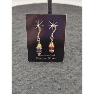 Artisan Sterling Silver Hook Dangle Earrings Rainbow Iridescent Crystal